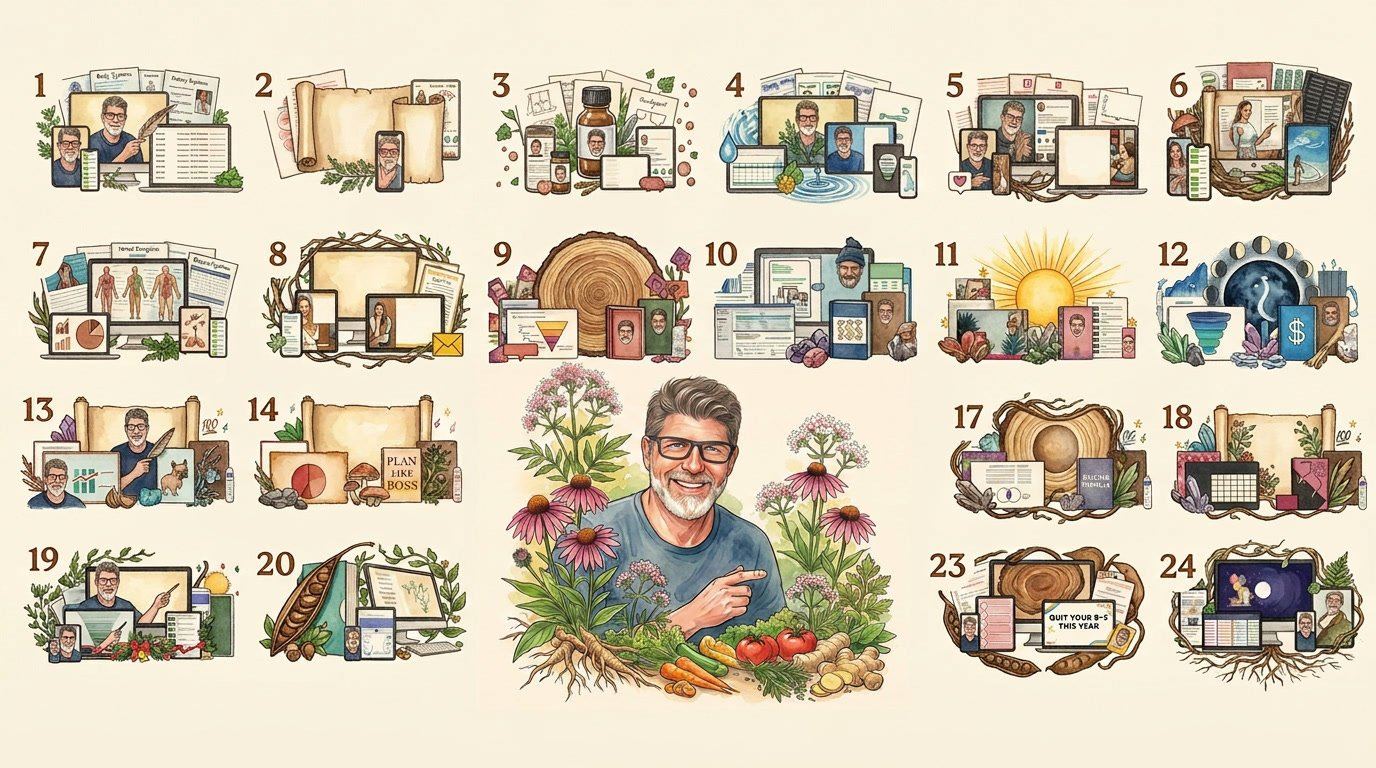 JJ surrounded by healing plants and fresh vegetables, with the guides in the bundle laid out around him